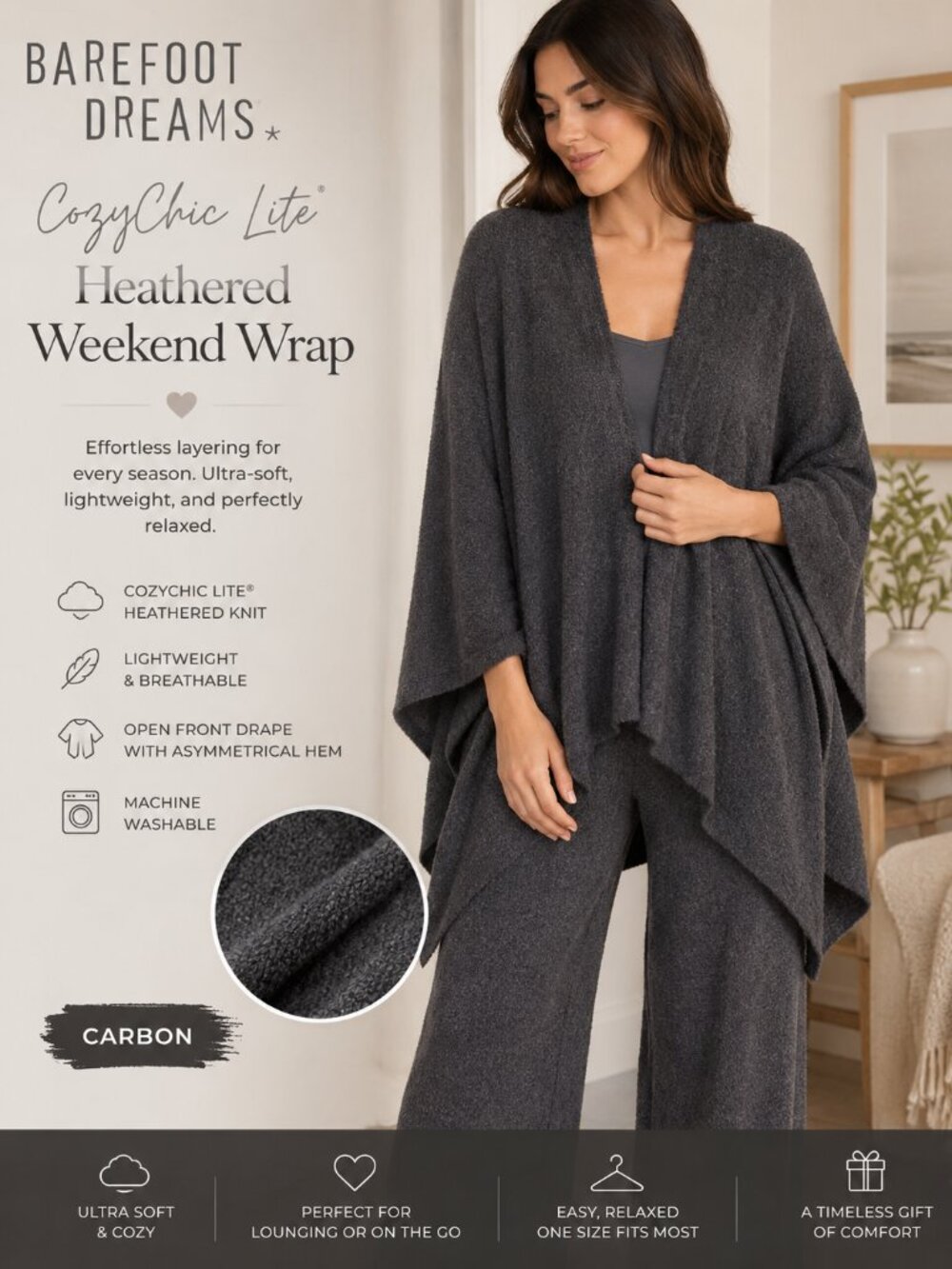 MSRP $118 | Barefoot Dreams CozyChic Lite Heathered Weekend Wrap – Carbon – NWT